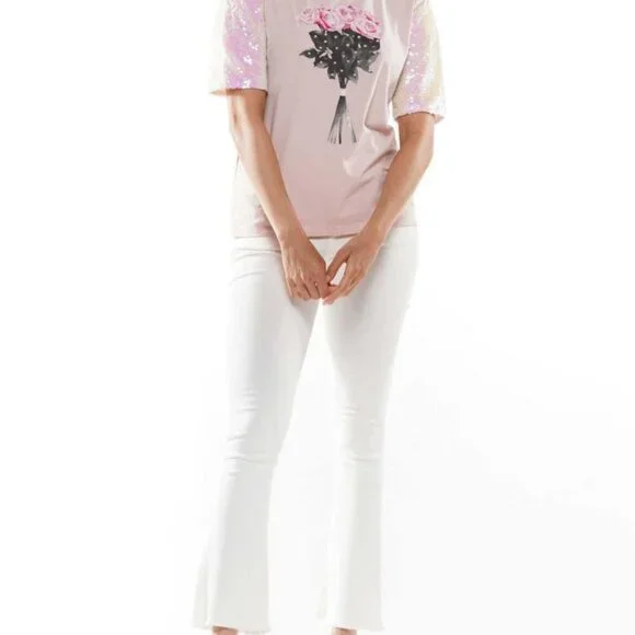 Why Dress Sequin Sleeve Screen Printed T-Shirt Pink- Small - Picture 15 of 15
